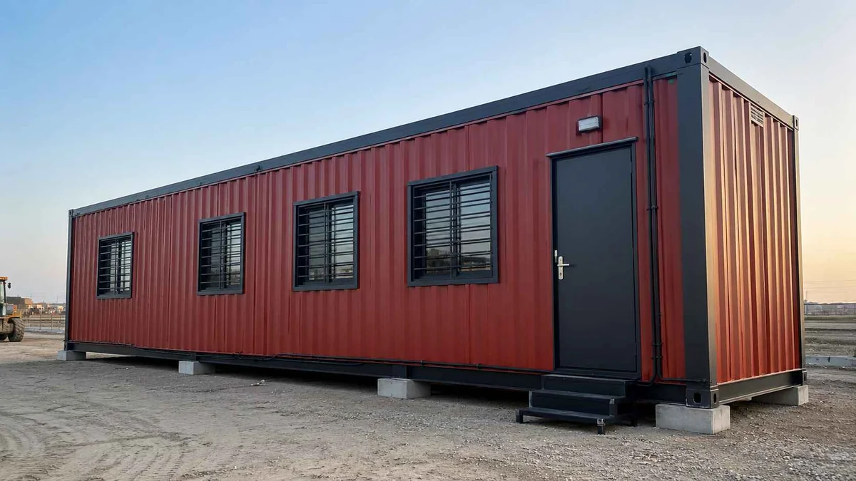 Red MS porta cabin long side view for a Gwalior industrial site office