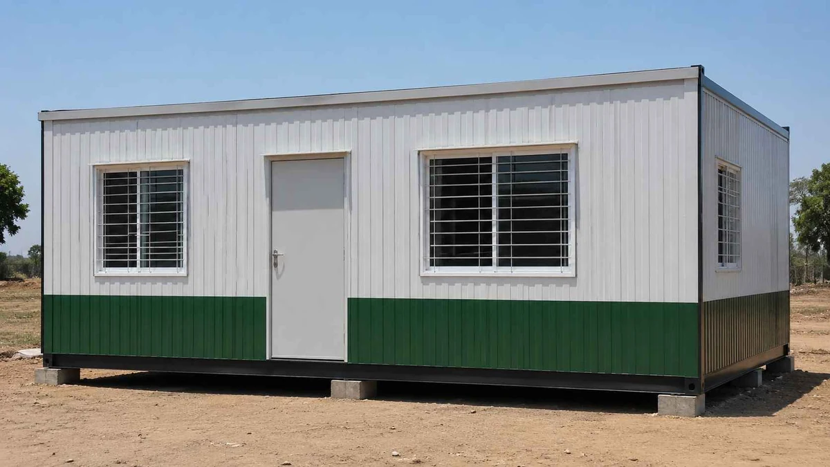 White and green MS porta cabin at a clean Bhubaneswar IT or industrial campus site