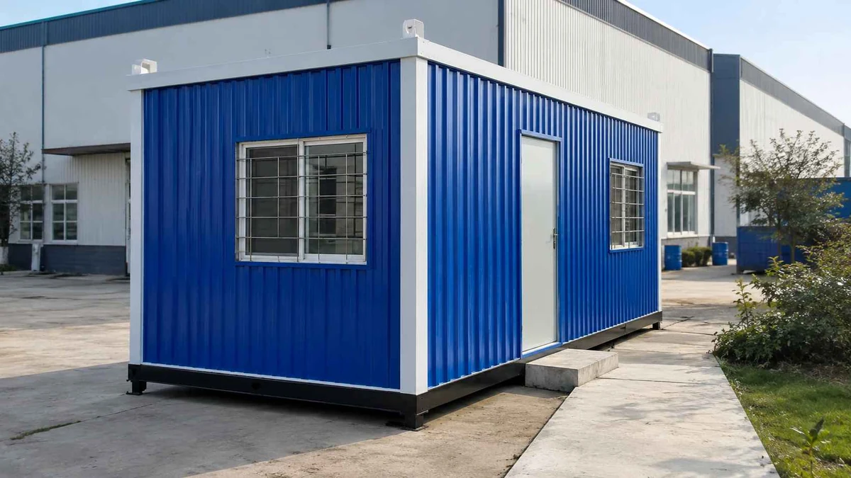 Royal blue MS porta cabin with front walkway for a Dehradun industrial plot