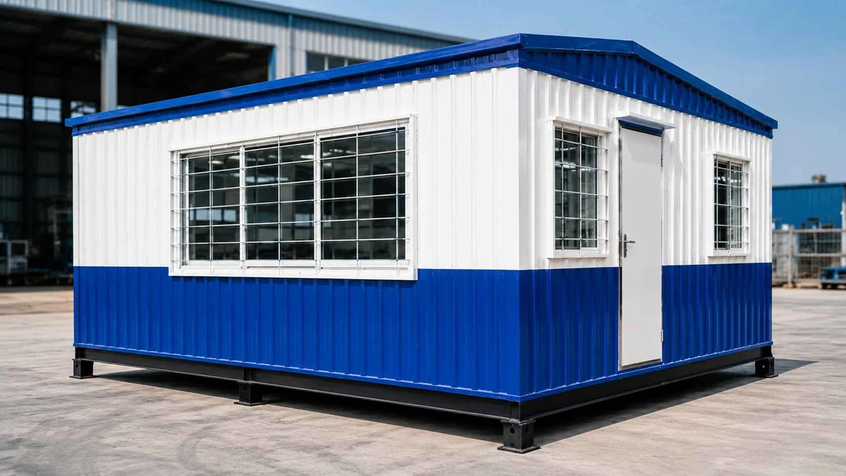 Cobalt blue and white MS porta cabin with panoramic window for a Jaipur RIICO industrial zone site office