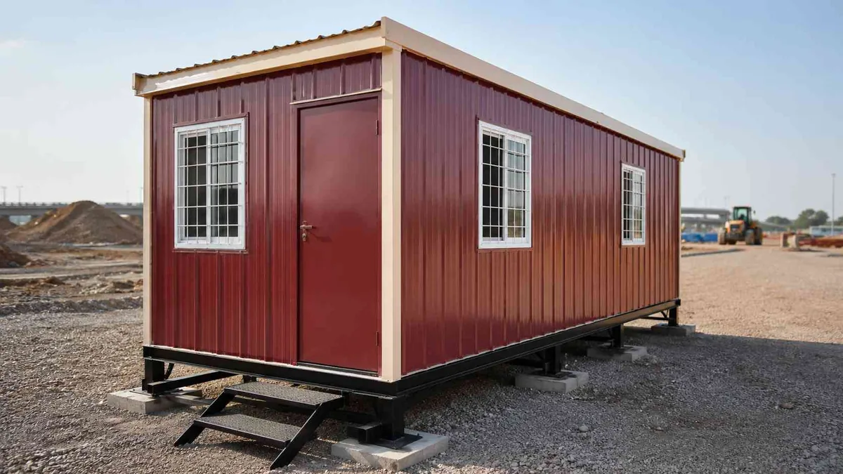 Wine red MS porta cabin used as a project office at a Patna infrastructure site