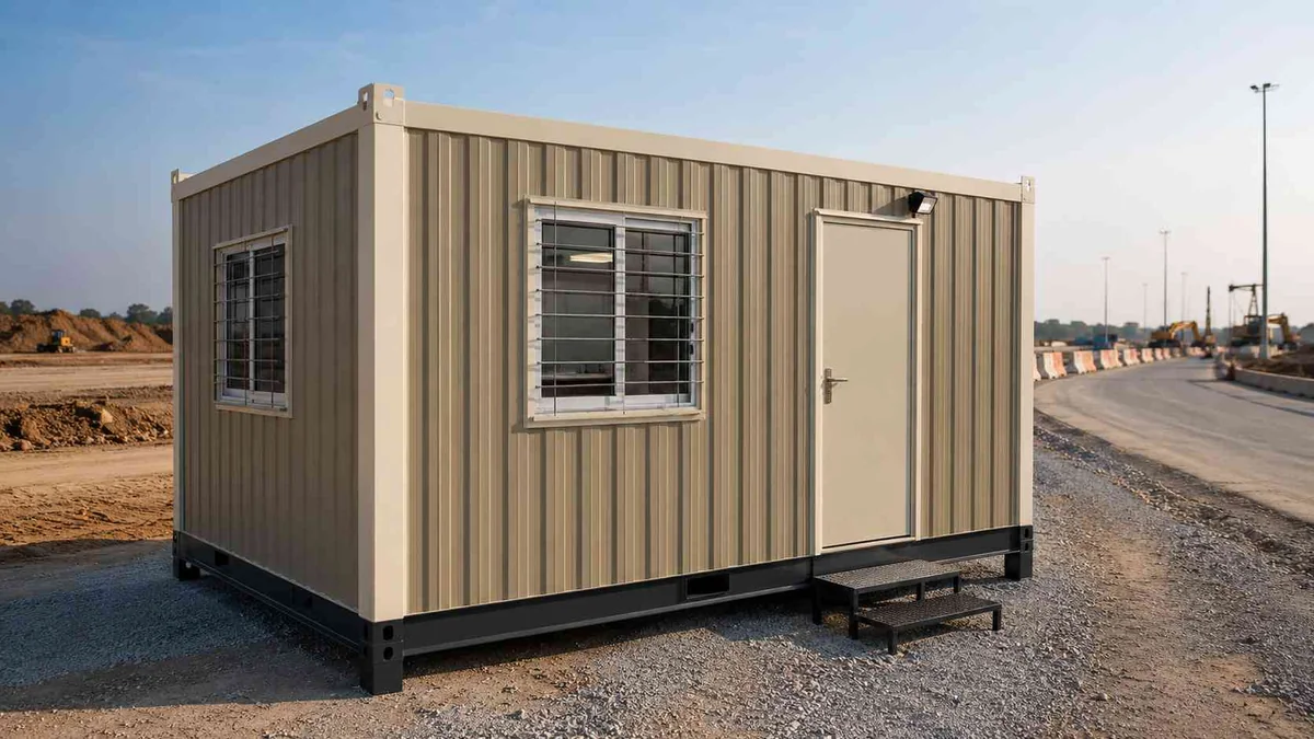 Olive beige MS porta cabin at a Raipur steel-belt project site