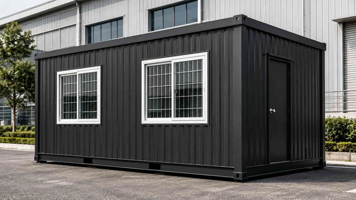 Graphite MS porta cabin with white window frames for a Ranchi project site