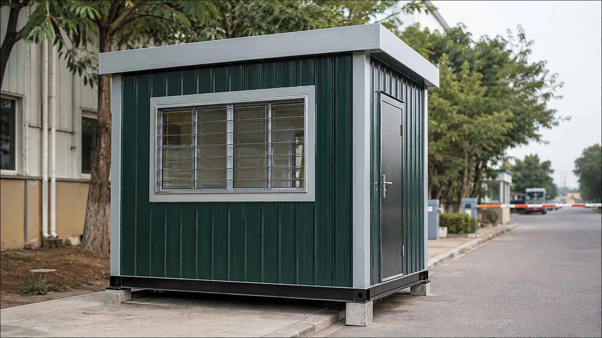 Deep green MS porta cabin at SAMAN factory entrance, ready for dispatch to Surat