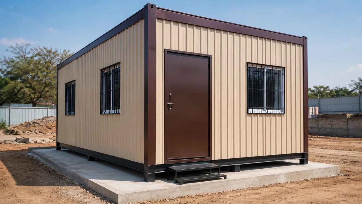 Sand beige porta cabin mounted on RCC plinth at an industrial project site in West Bengal