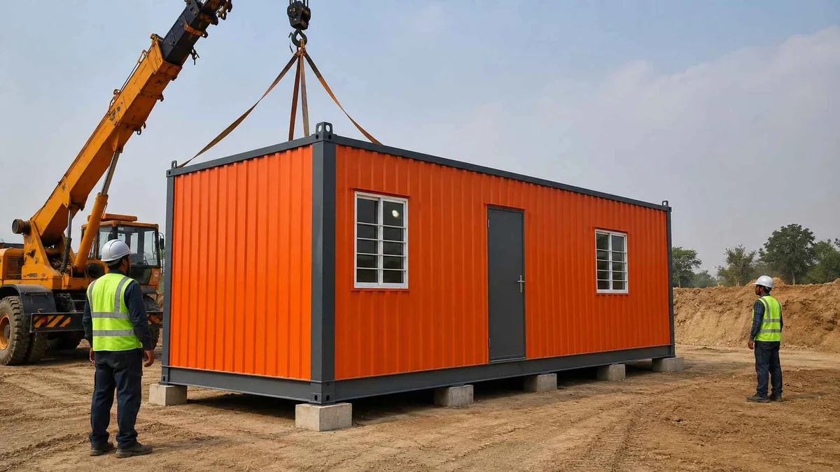 Safety orange porta cabin being positioned at a Nagpur logistics or industrial site