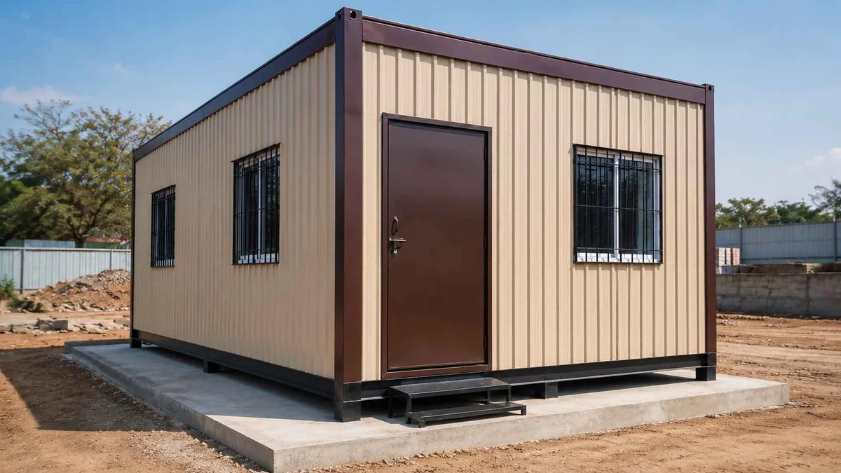 Sand beige MS porta cabin on RCC plinth at a Rajkot industrial site