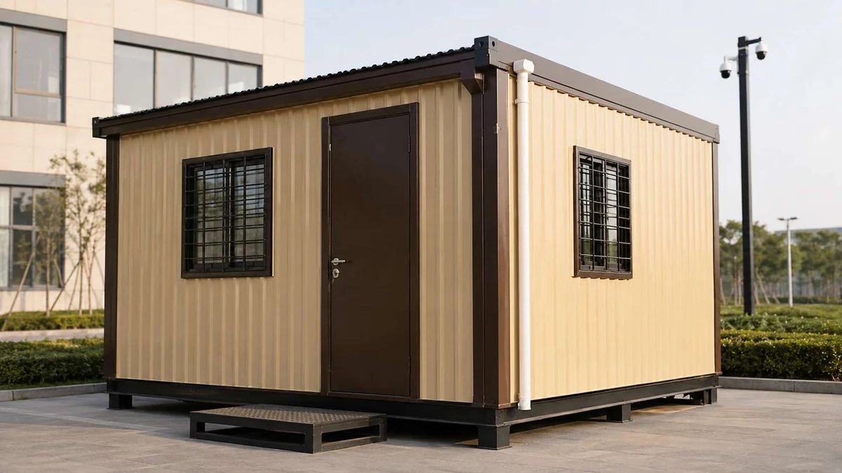 Stone beige MS porta cabin with sloped GI roof for a Vadodara industrial site