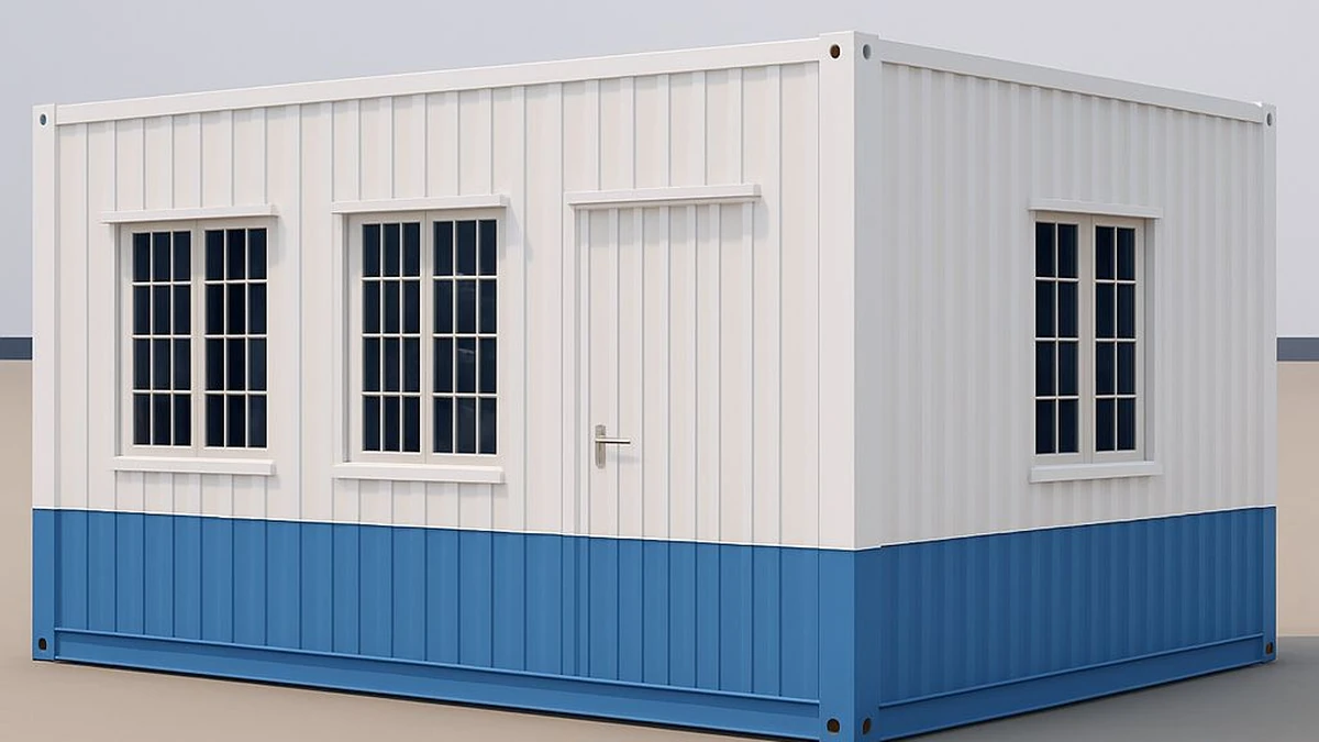 Blue-and-white porta cabin exterior by SAMAN for a Vijayawada industrial site