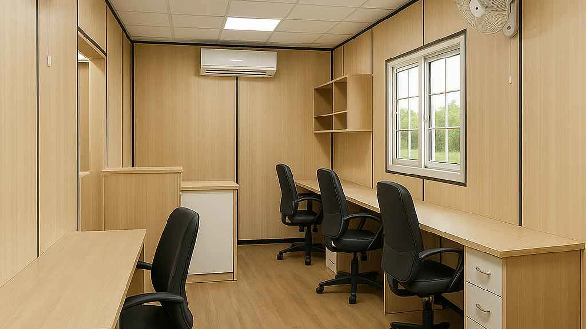 Workstation interior of a SAMAN porta cabin office for Vijayawada
