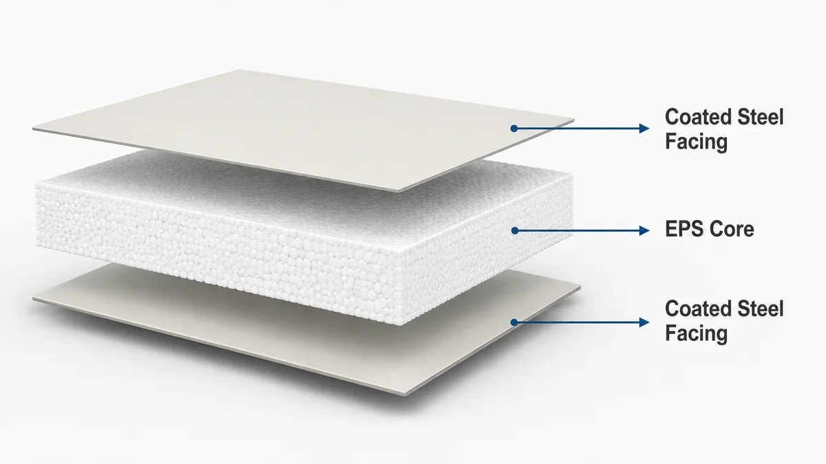 EPS sandwich panel three-layer construction diagram Diagram of EPS sandwich panel three-layer construction: steel facing, EPS core, steel facing