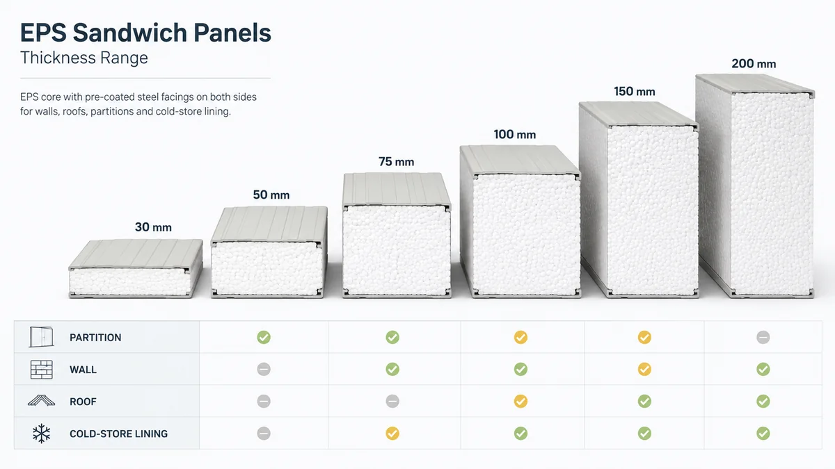 EPS panel thickness range diagram Diagram of EPS panel thickness range from 30 mm to 200 mm with use tags