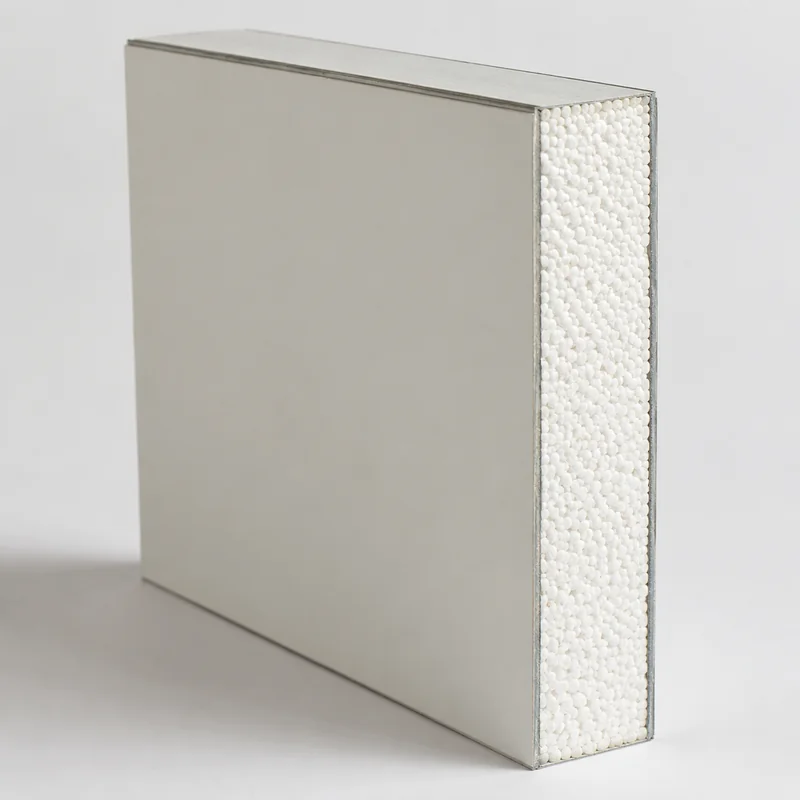 Cutaway sample of an EPS sandwich panel showing steel facings and EPS core