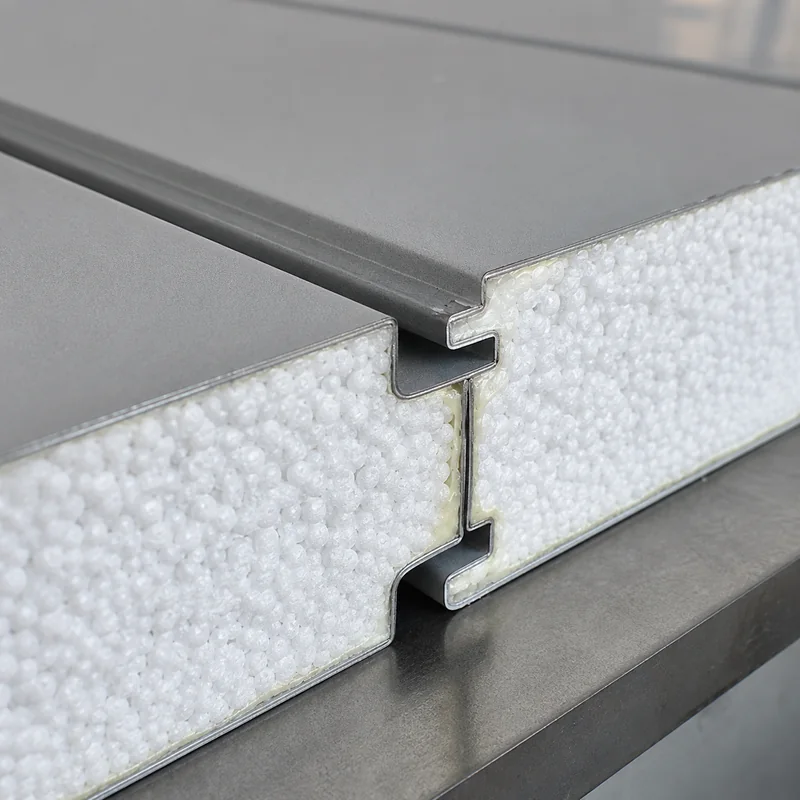 Close-up of an EPS sandwich panel tongue-and-groove joint