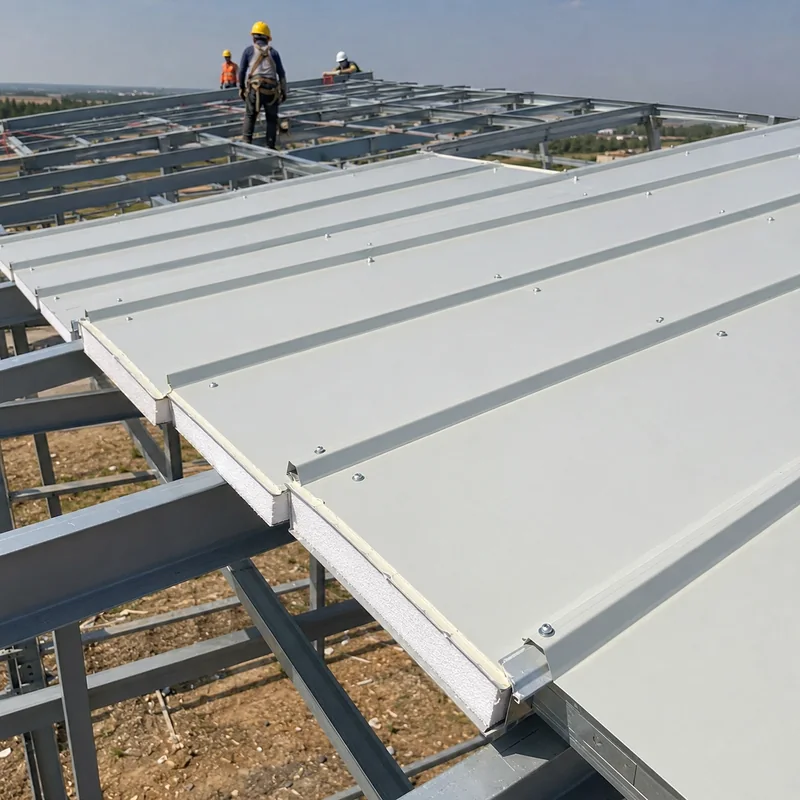 EPS roof panels being installed on a steel frame