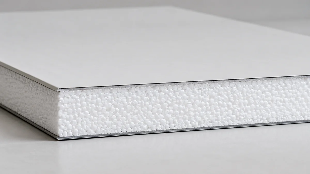 EPS sandwich panel cross-section Cross-section of a SAMAN EPS sandwich panel showing white EPS core between two coated steel sheets