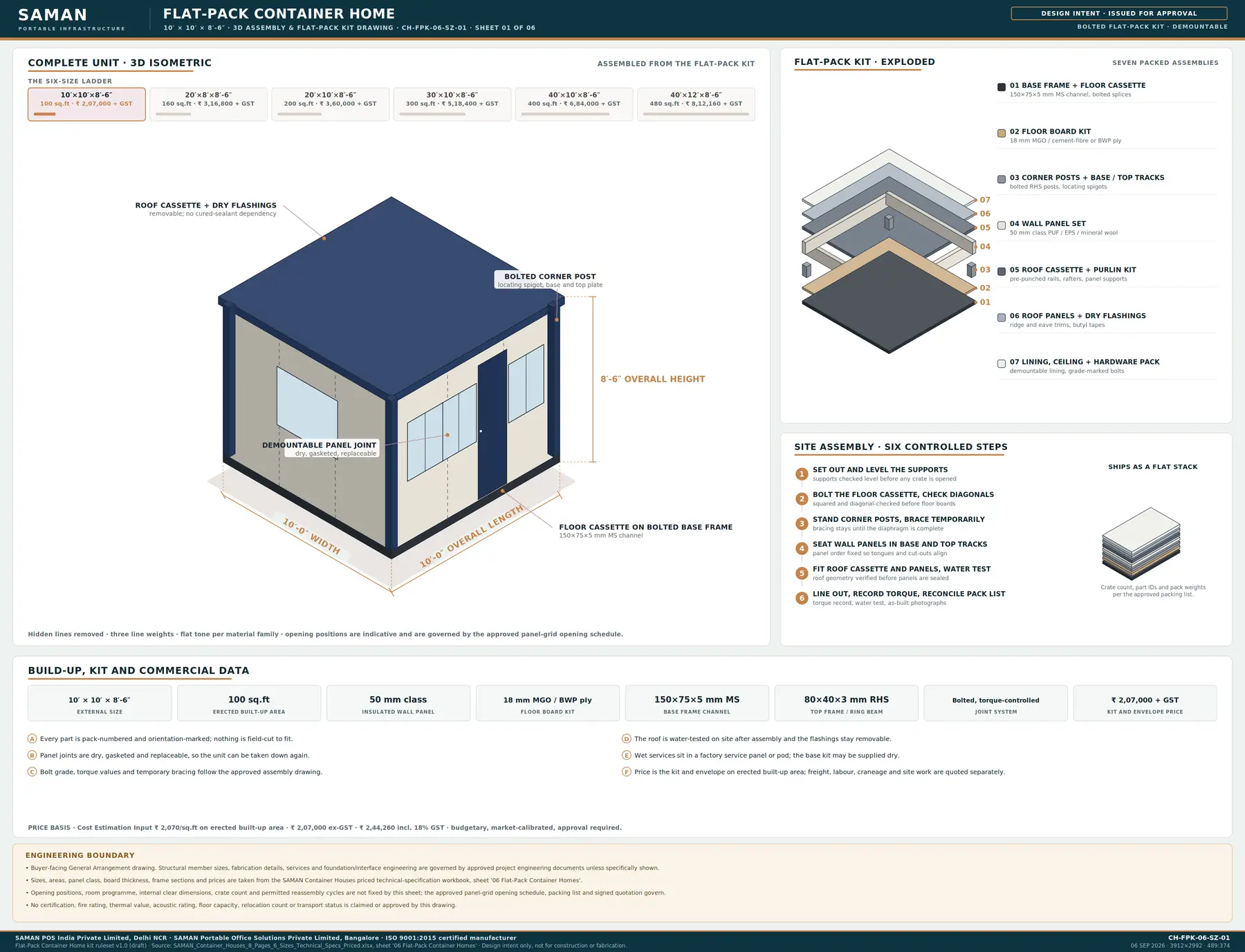 10x10 ft ft flat-pack container home kit drawing at full board size, with the build-up, kit and commercial data strip and the engineering boundary note