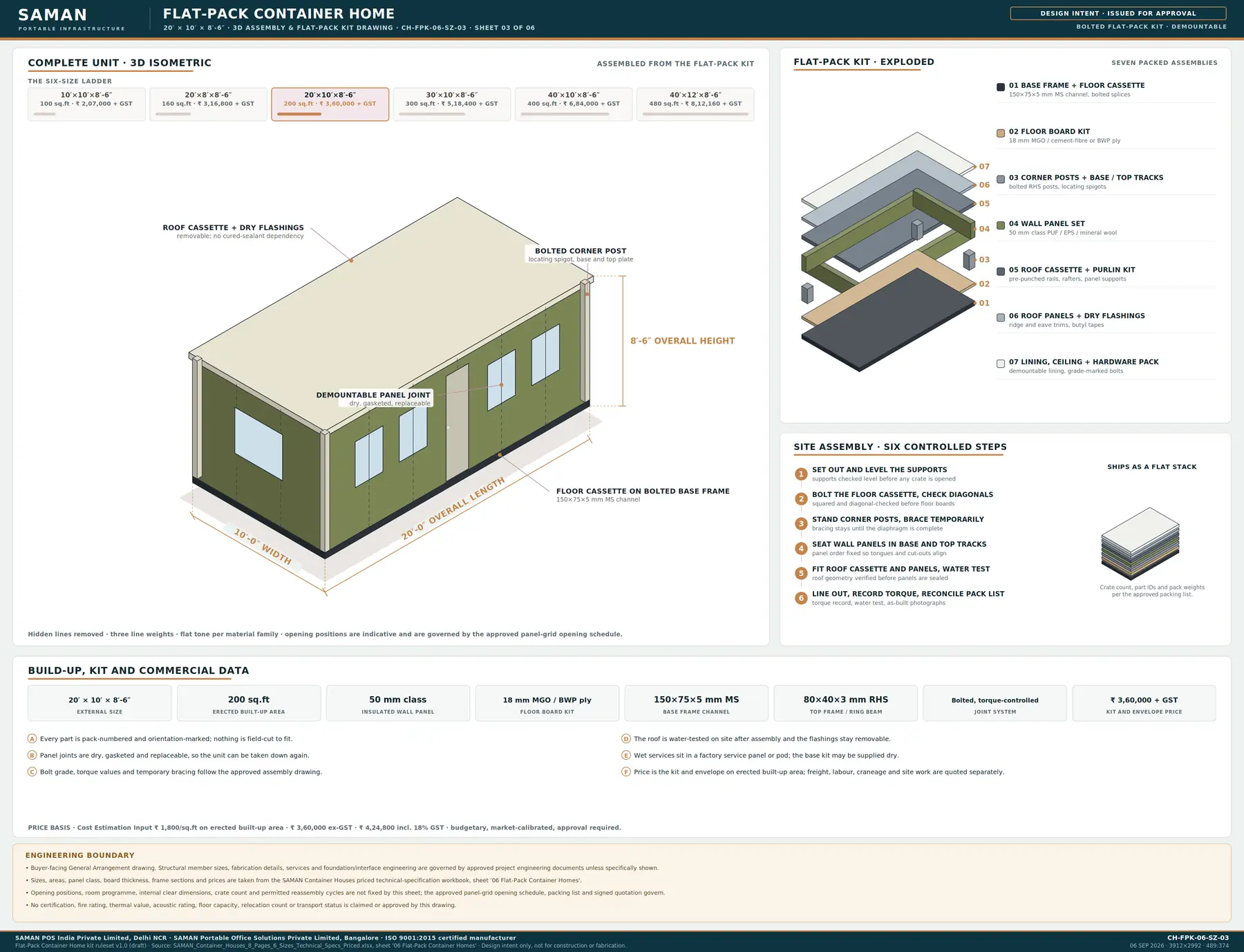 20x10 ft ft flat-pack container home kit drawing at full board size, with the build-up, kit and commercial data strip and the engineering boundary note