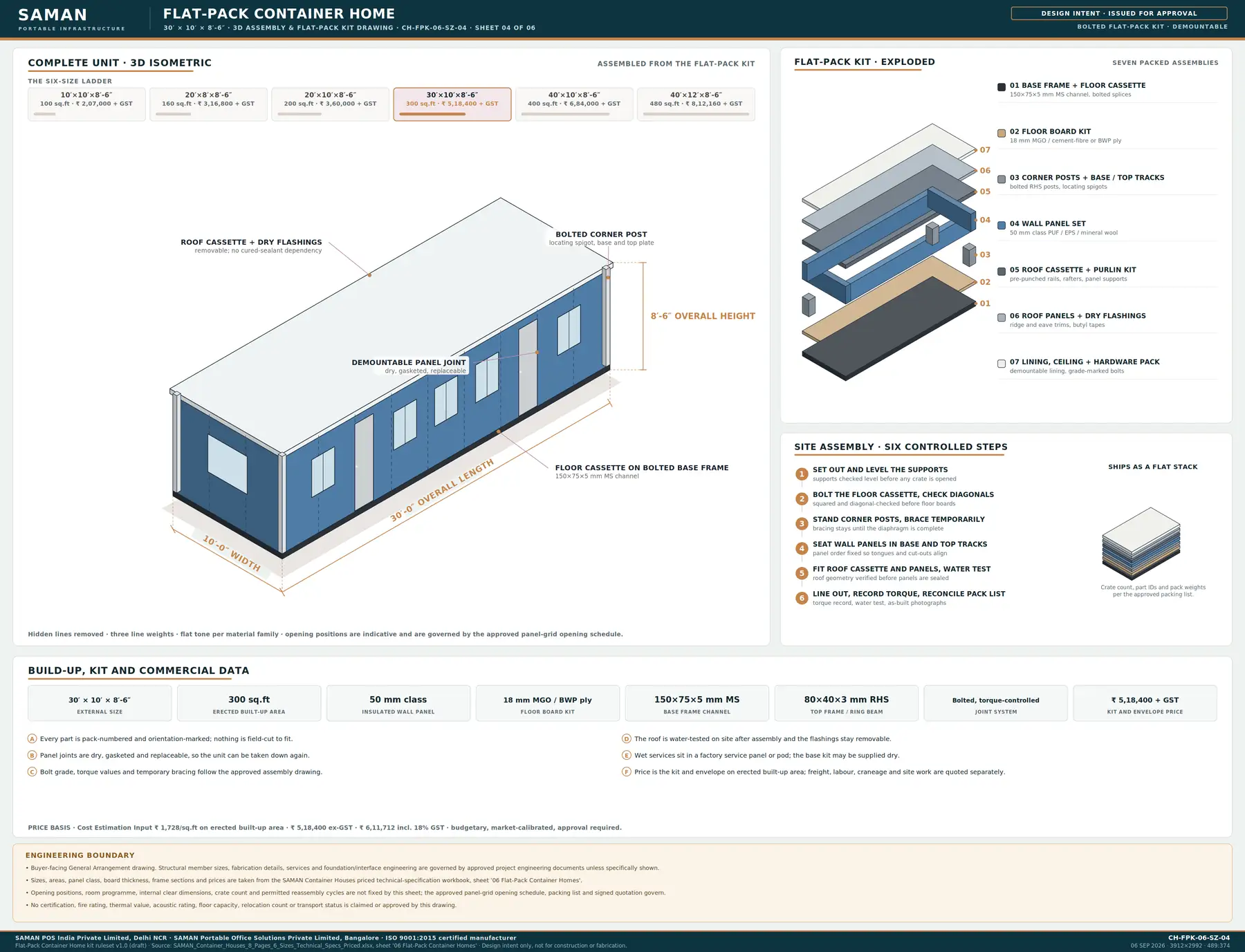30x10 ft ft flat-pack container home kit drawing at full board size, with the build-up, kit and commercial data strip and the engineering boundary note