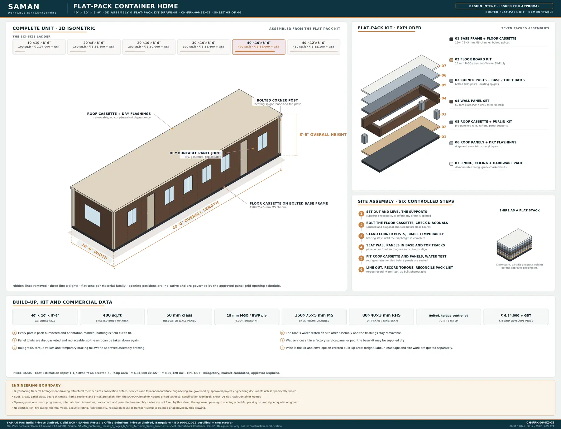 40x10 ft ft flat-pack container home kit drawing at full board size, with the build-up, kit and commercial data strip and the engineering boundary note