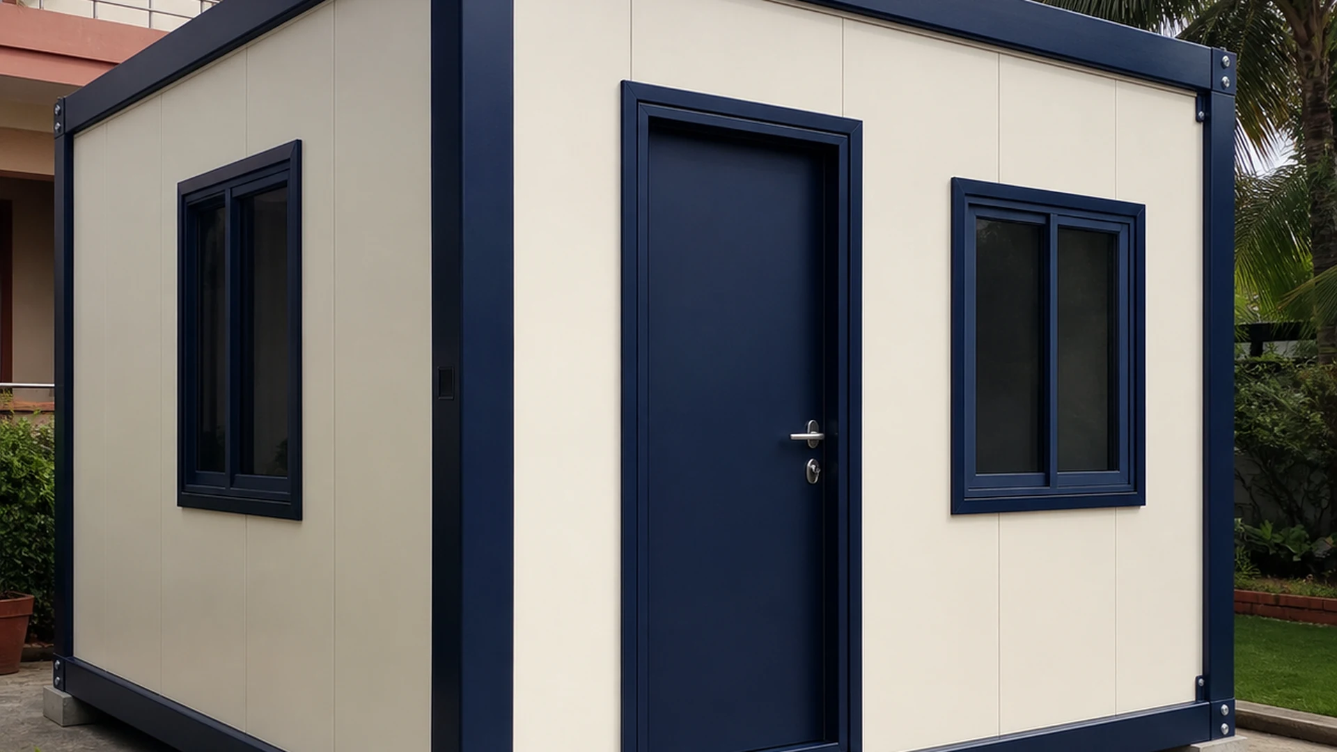 10x10 ft ft flat-pack container home, wide exterior view of the assembled unit on site