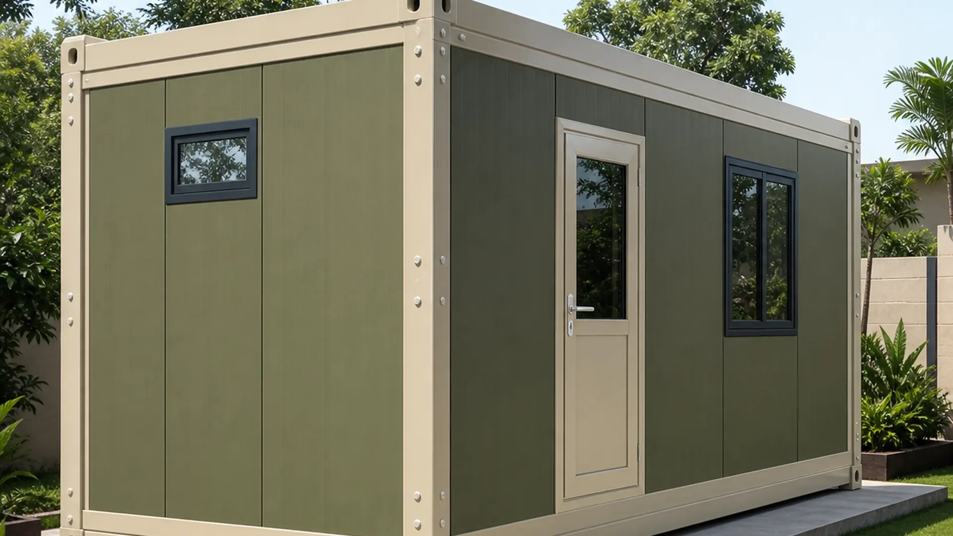 20x10 ft ft flat-pack container home, wide exterior view of the assembled unit on site