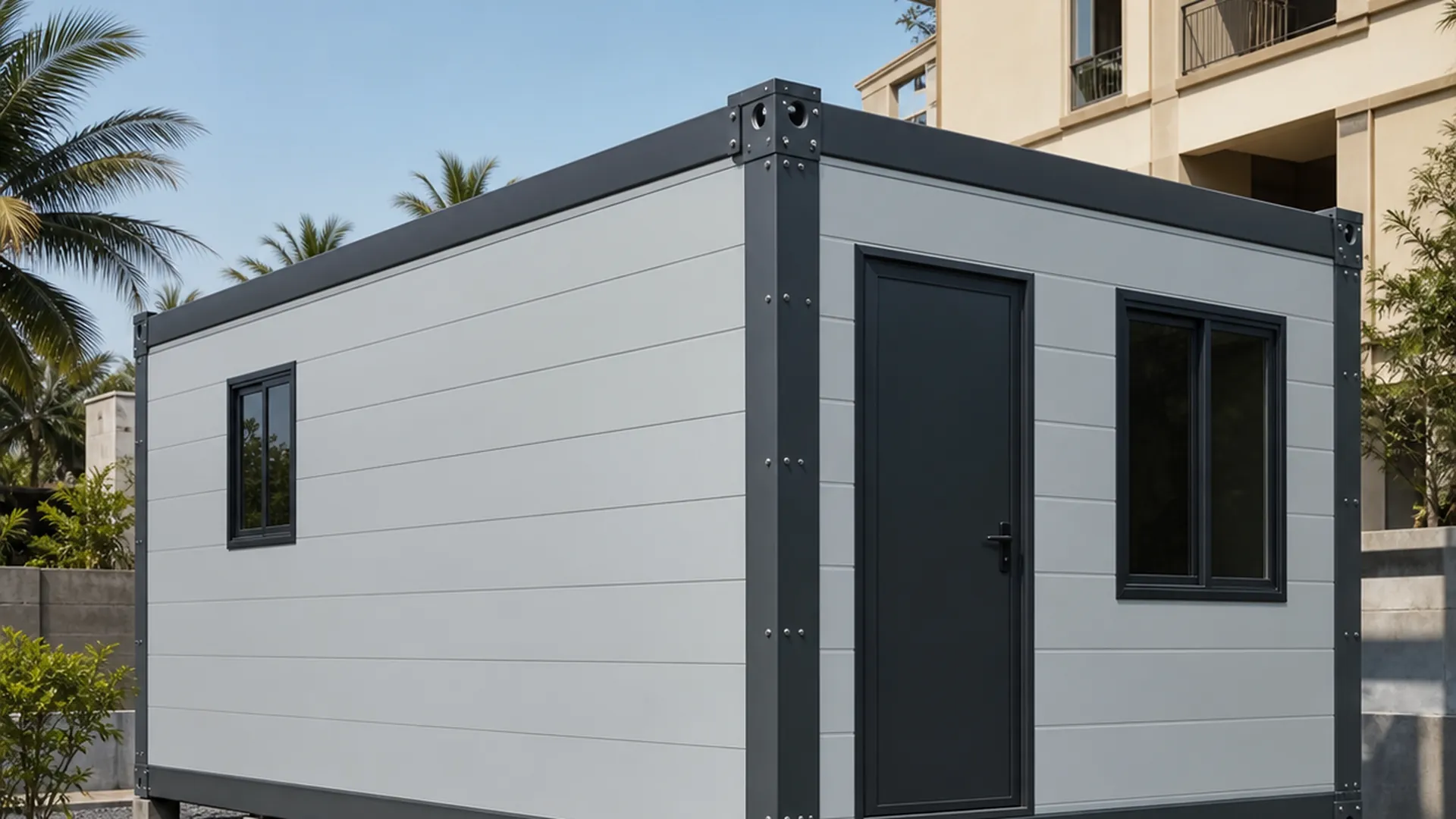 20x8 ft ft flat-pack container home, wide exterior view of the assembled unit on site