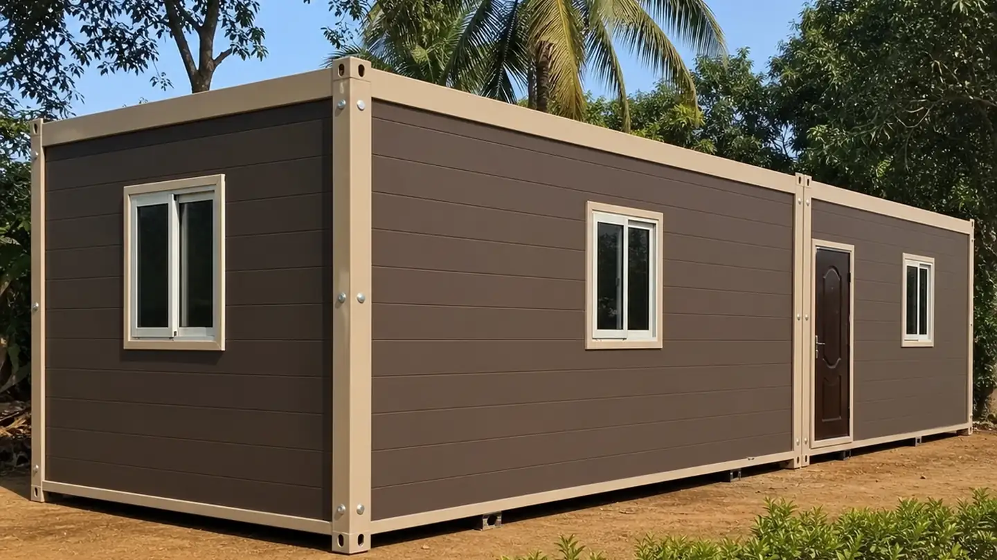 40x10 ft ft flat-pack container home, wide exterior view of the assembled unit on site