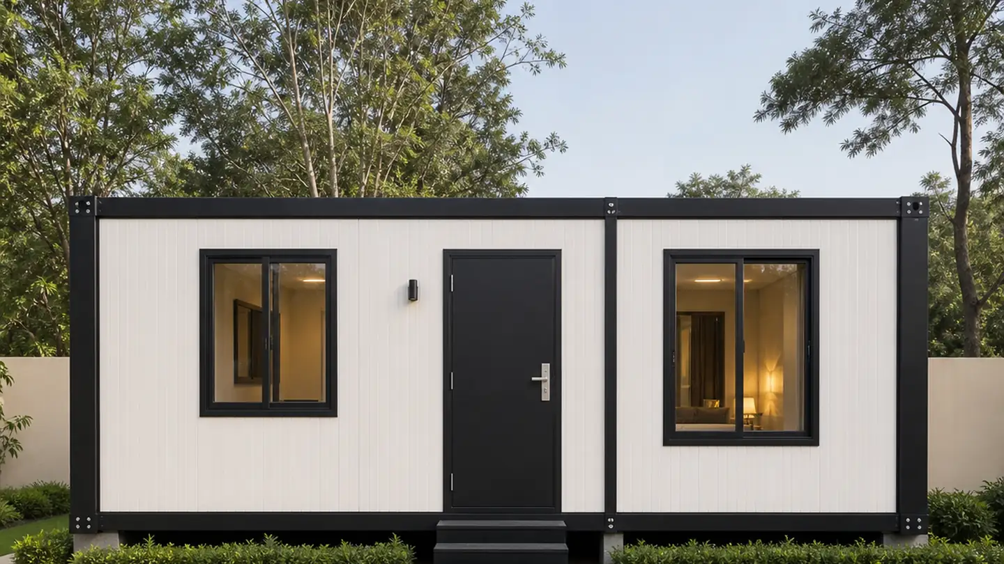 40x12 ft ft flat-pack container home, wide exterior view of the assembled unit on site