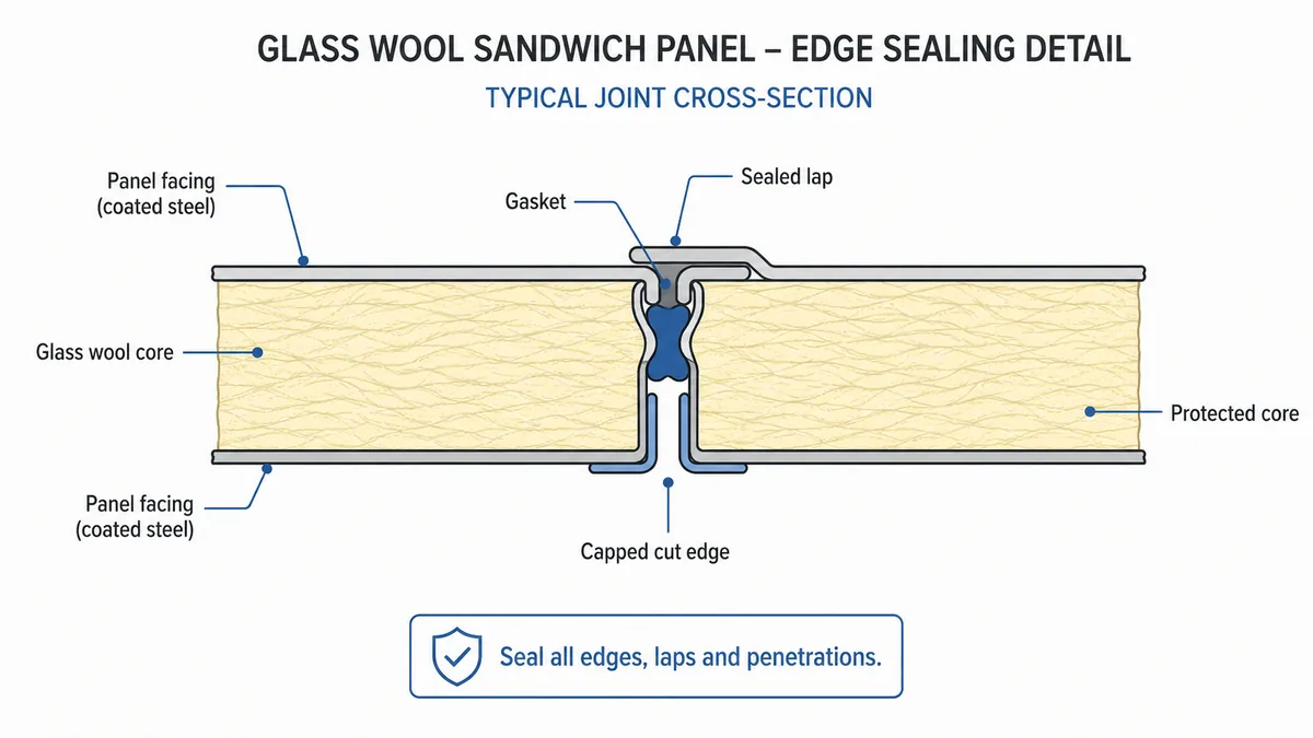 Edge sealing detail for glass wool panels Edge sealing detail for glass wool panels