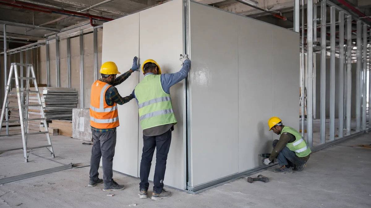 Installing glass wool acoustic partition panels at an Indian commercial site Installing glass wool acoustic partition panels at an Indian commercial site