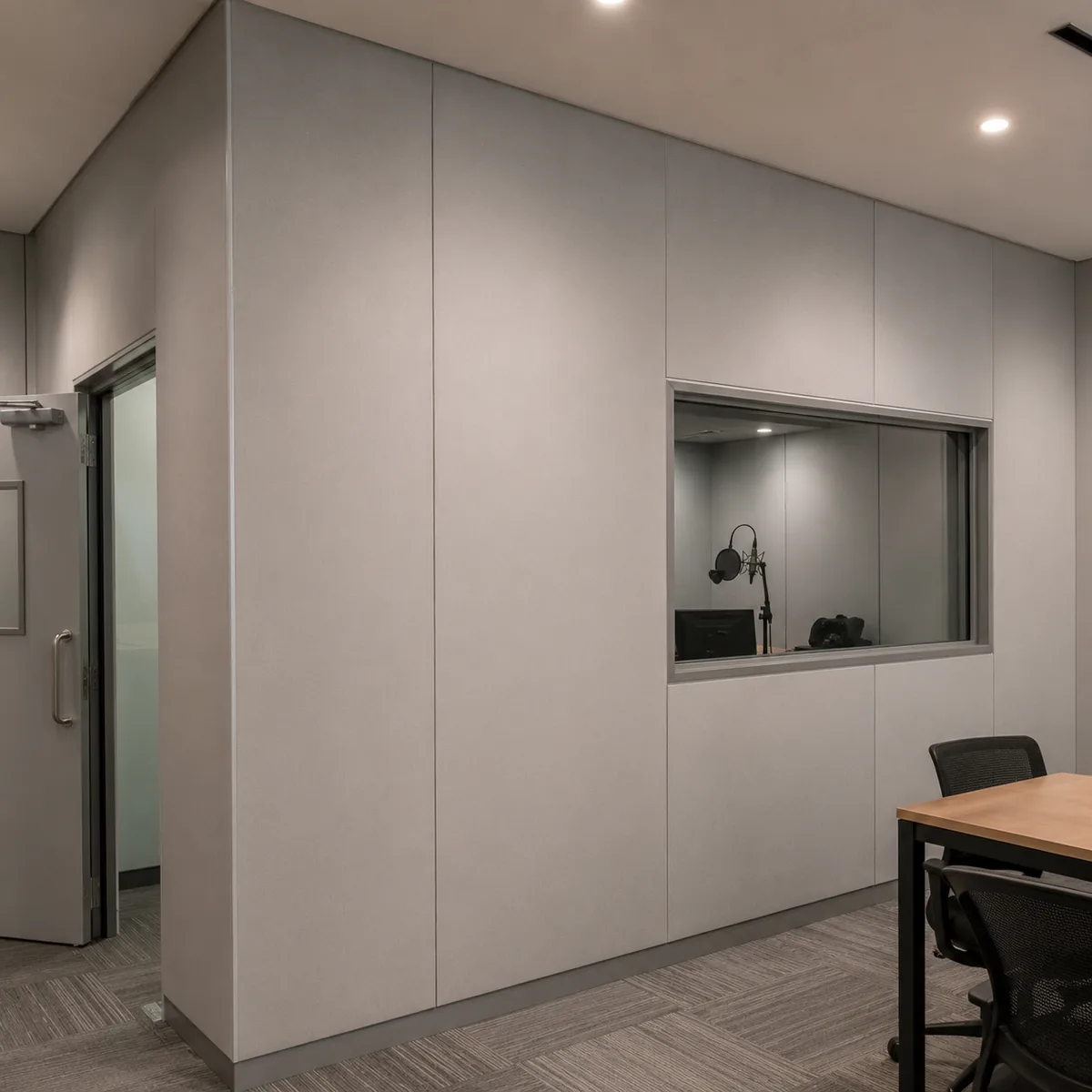 Glass wool panel acoustic partition installed in a commercial interior