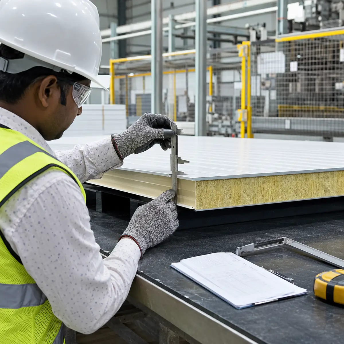 Quality check on a SAMAN glass wool panel at the factory