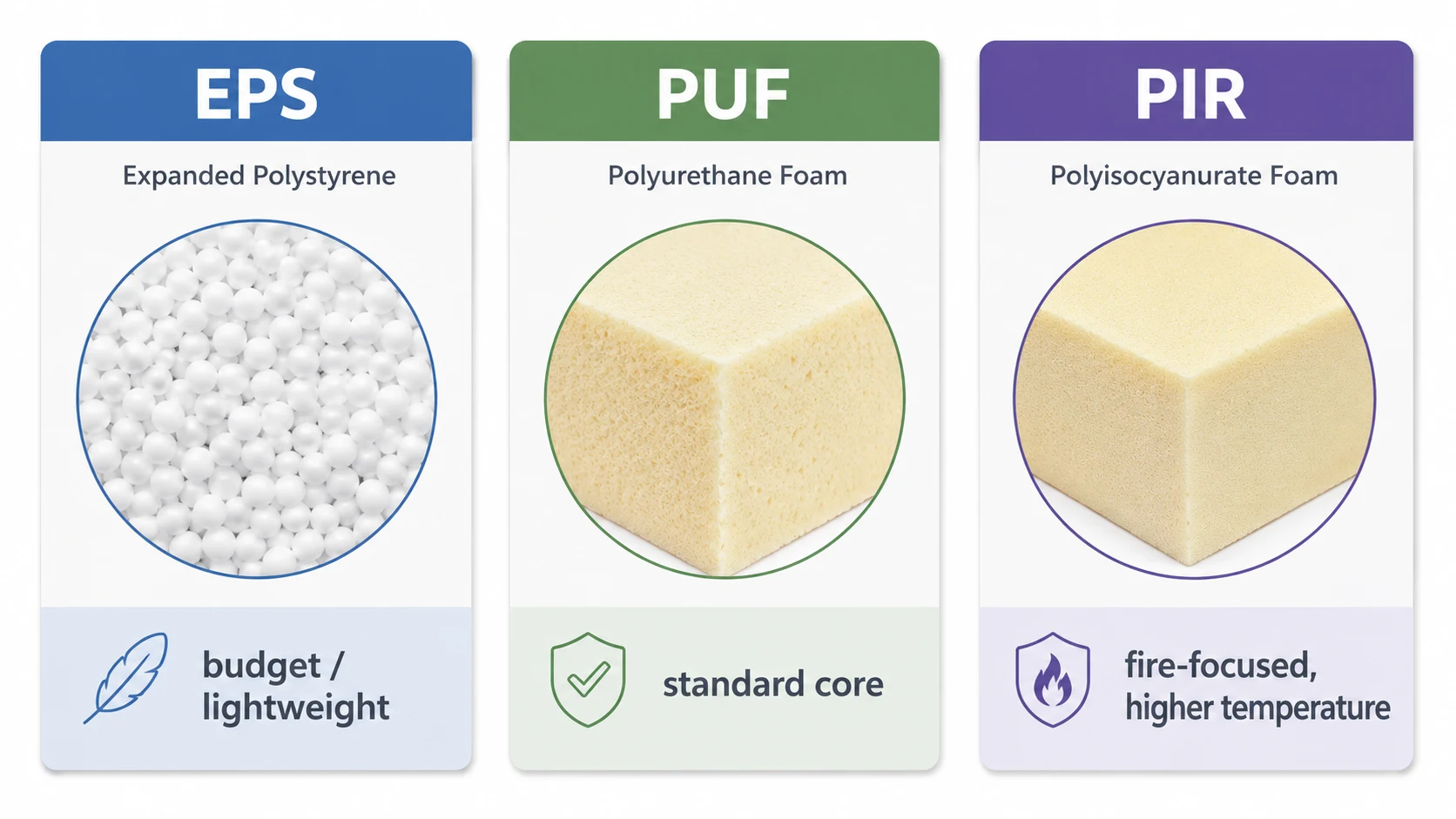 PIR vs PUF vs EPS panel core comparison diagram Diagram comparing EPS, PUF and PIR insulated panel cores by cost, weight and fire behaviour