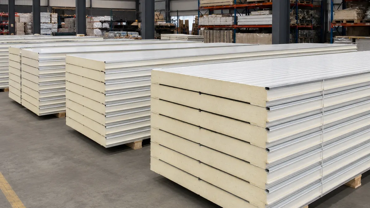 SAMAN PIR panel stock, factory floor PIR panels stacked and edge-protected on the SAMAN factory floor before dispatch