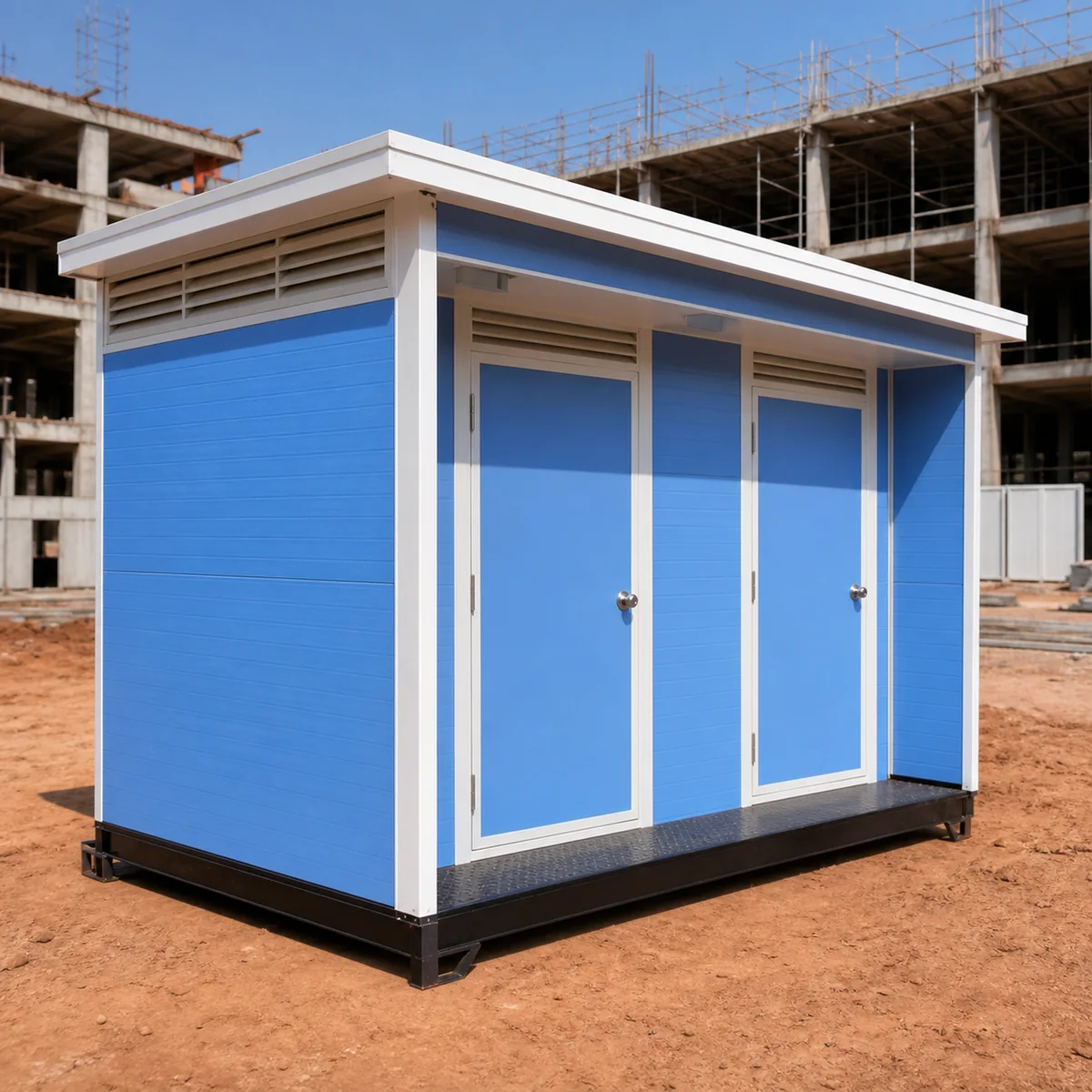 Explore range card for Cornflower Blue 12x10 ft ablution block, front left three-quarter view, white trim and high-level privacy louvres