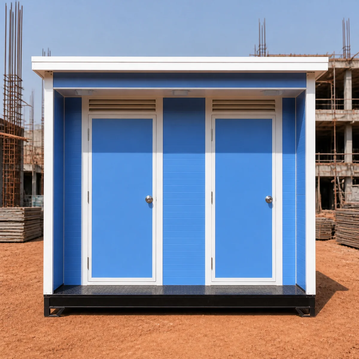 Cornflower Blue 12x10 ft ablution block, full front elevation showing the cubicle door line