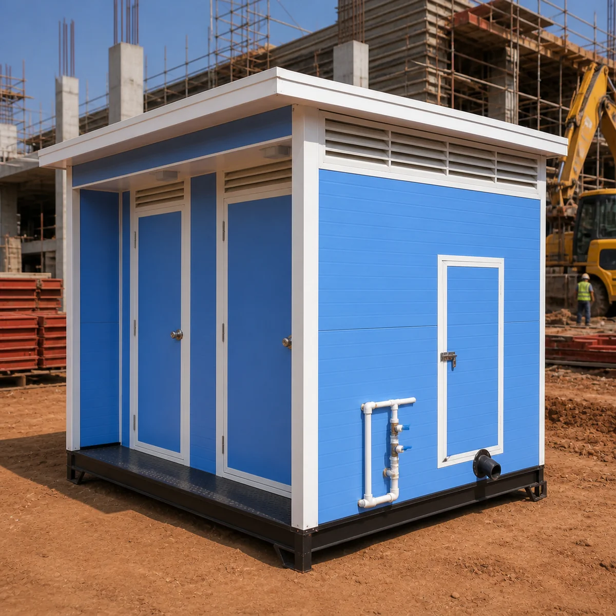 Cornflower Blue 12x10 ft ablution block, installed on an Indian construction site with RCC frame structure behind