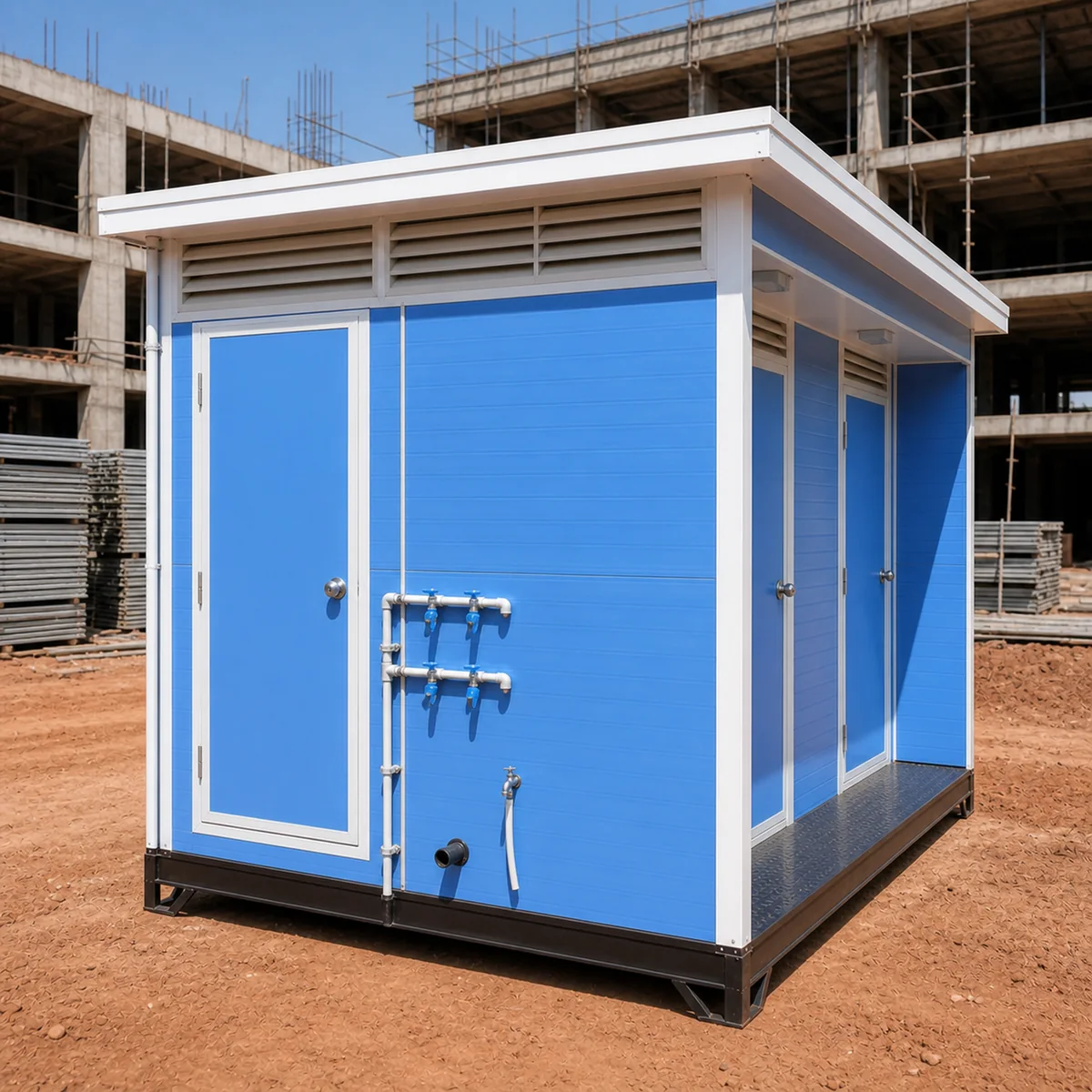Cornflower Blue 12x10 ft ablution block, rear utility side with external service door, water inlet and waste outlet