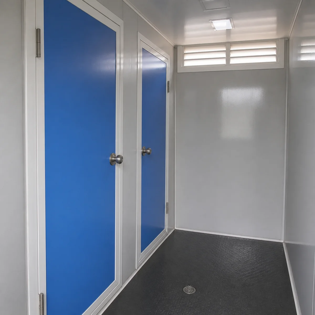 Cornflower Blue 12x10 ft ablution block, interior cubicle bank with washable wall liner and anti-skid floor