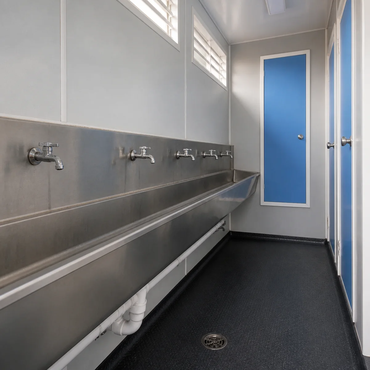 Cornflower Blue 12x10 ft ablution block, interior wash run with stainless basins and a trapped floor drain