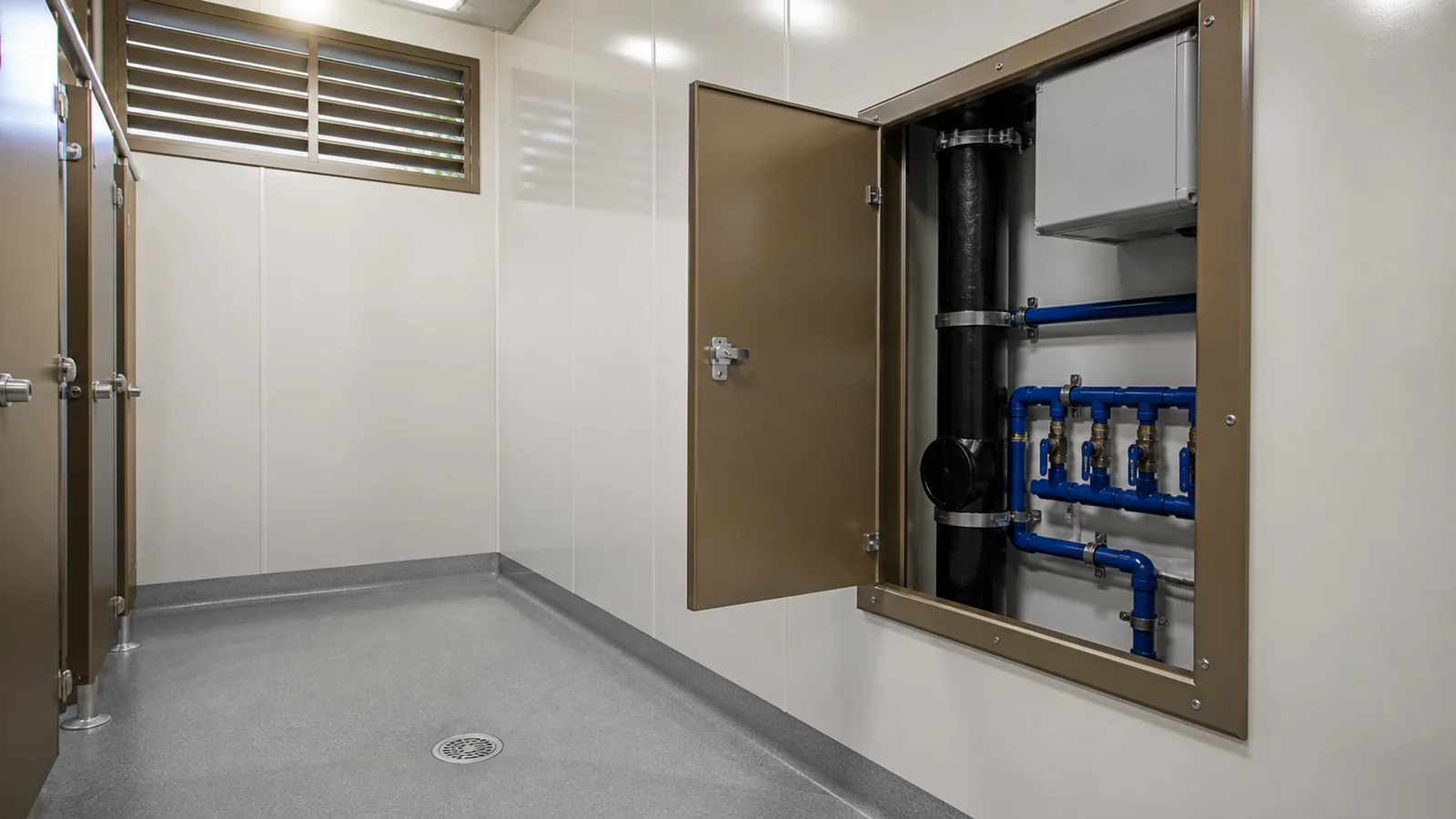 Open service riser showing pipework, isolation valves and the removable access panel