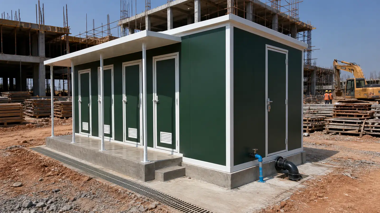 Ablution block installed on an Indian labour camp site, entry and service side both visible