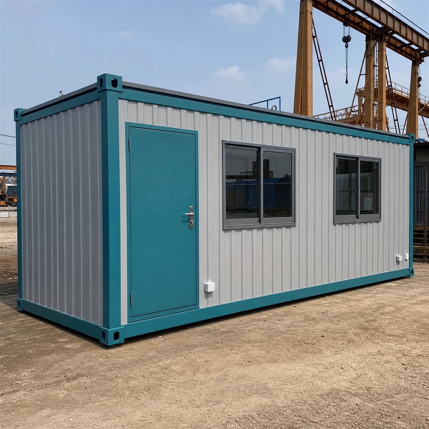Explore range card for Dove grey 20x8 ft converted shipping container with teal corner posts, front left view