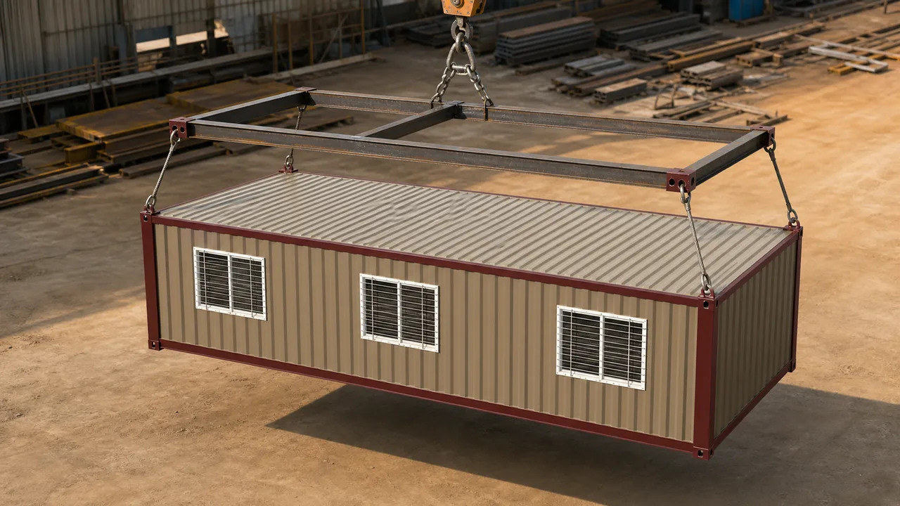 Converted 40x8 ft container lifted on four slings from its top corner castings