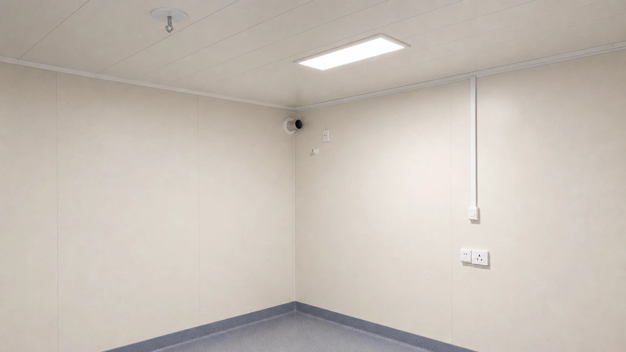 Interior corner detail showing wall lining, coved skirting and grey vinyl floor