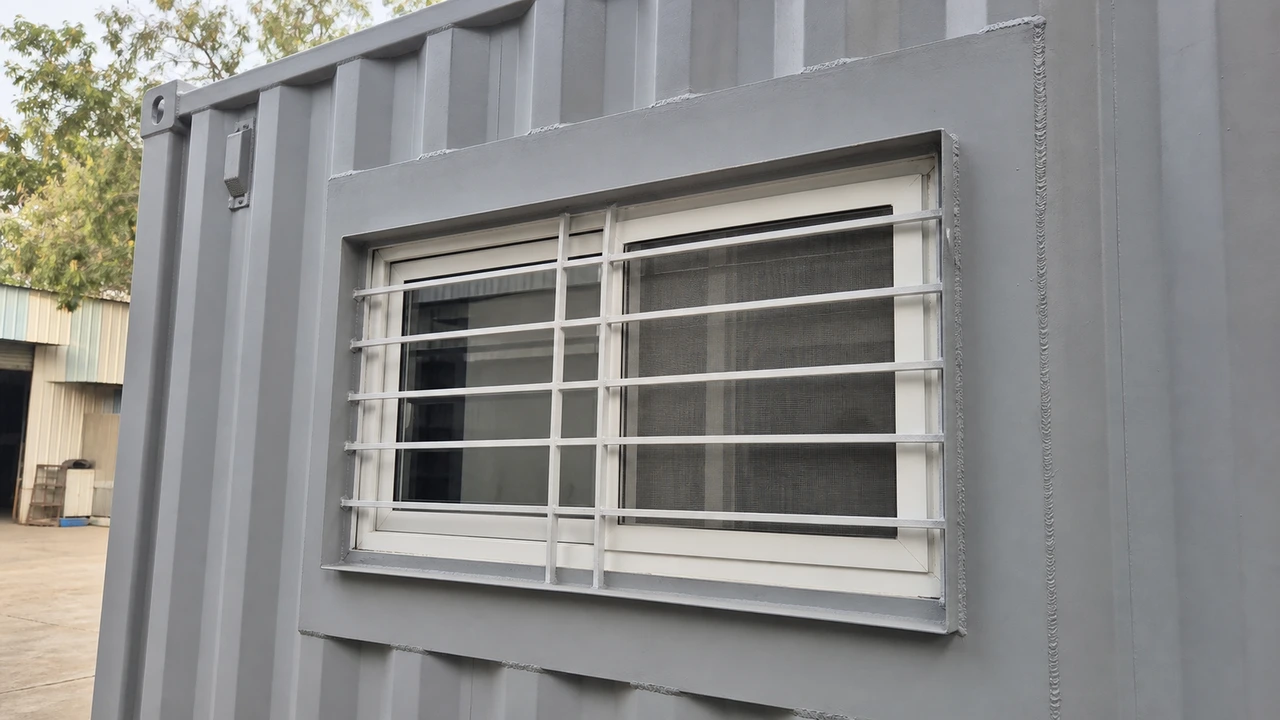 Welded steel framing plate around a window opening cut into container corrugation