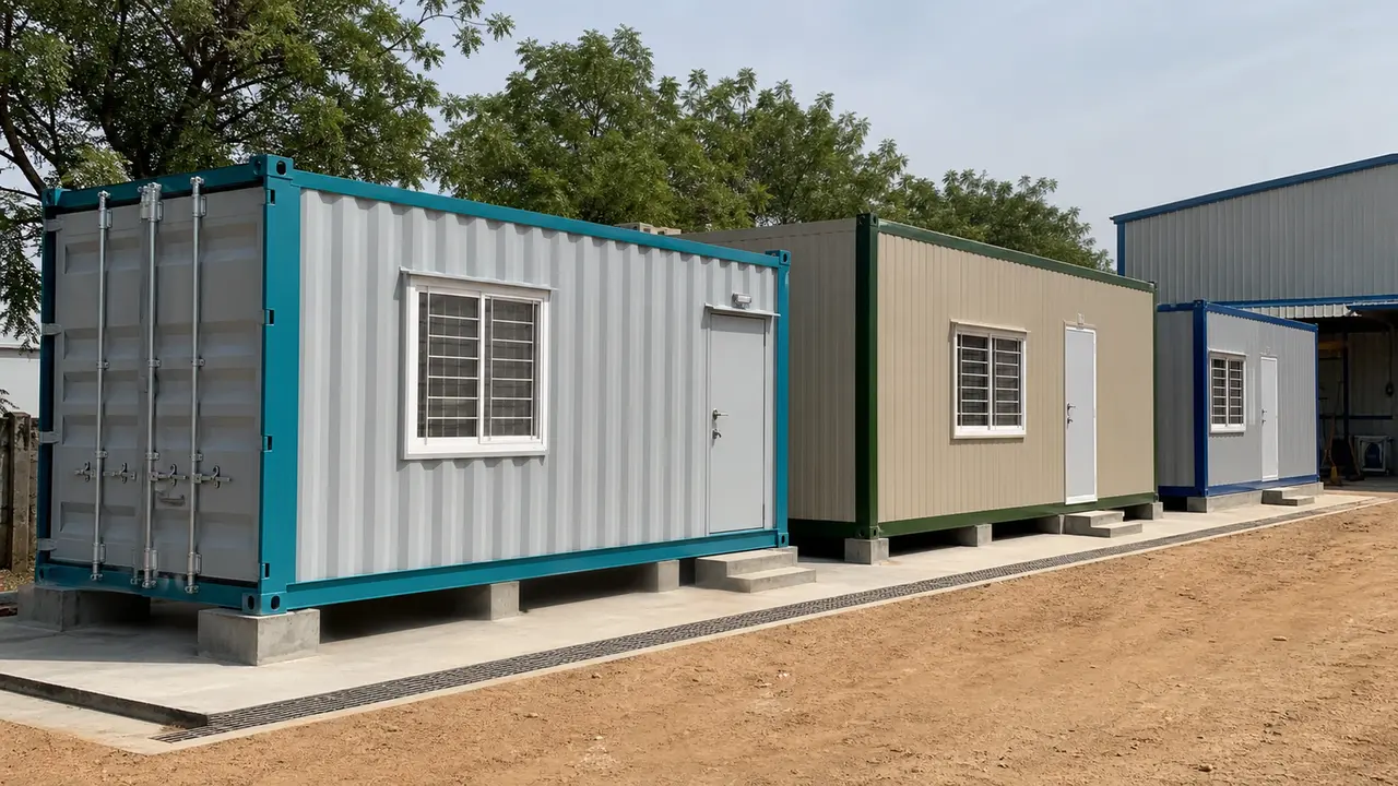Three accommodation modules of different sizes installed in a row on a project site