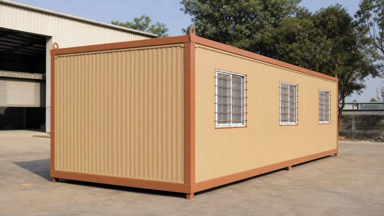 Low angle view of the 40x12 ft wide-body module showing its corrugated cladding