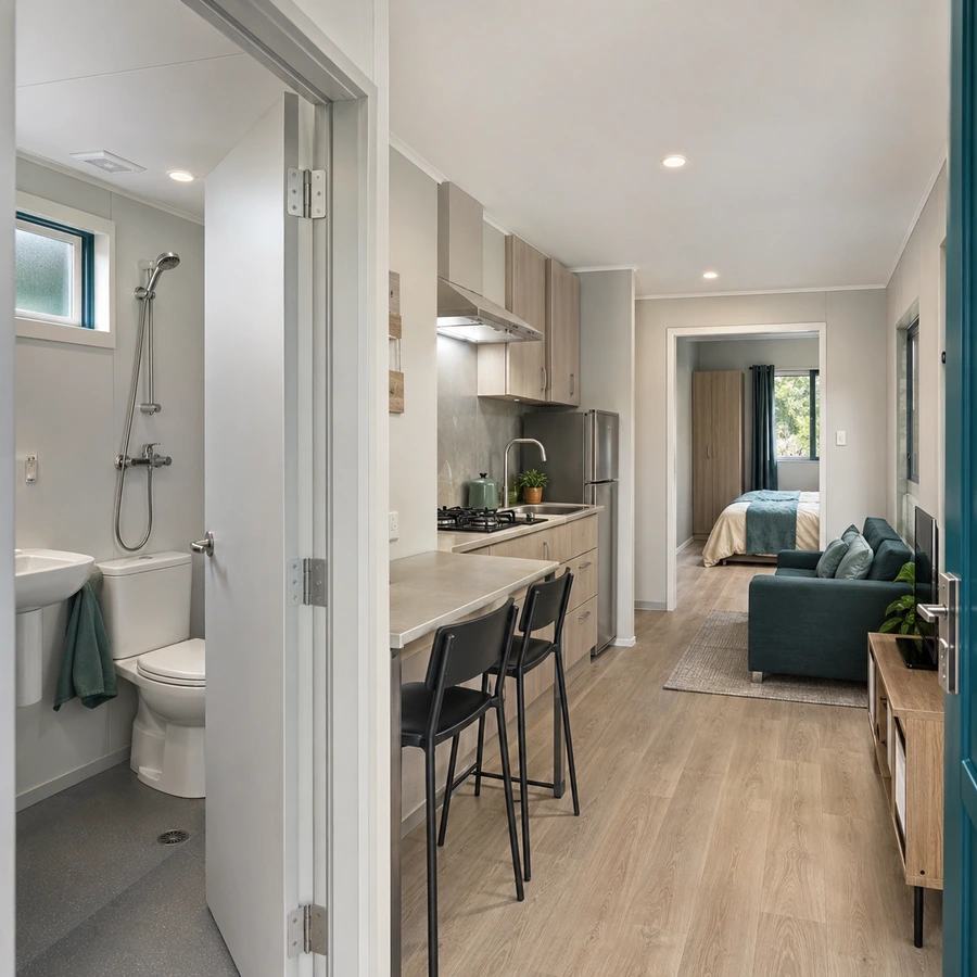 Looking back through a 20x10 ft affordable container home towards a shower room with a basin and mirror